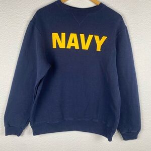 Navy blue crewneck sweatshirt with the word "NAVY" screen-printed in gold size M